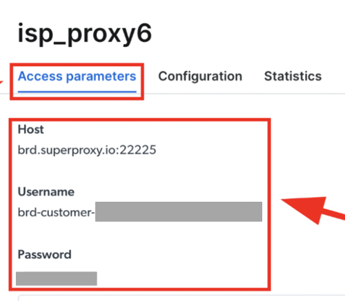 Proxy access parameters with host, username, and password details.