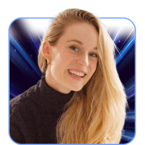 Smiling woman with long blond hair against blue background.