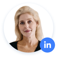 Profilbild einer Frau mit LinkedIn-Symbol.